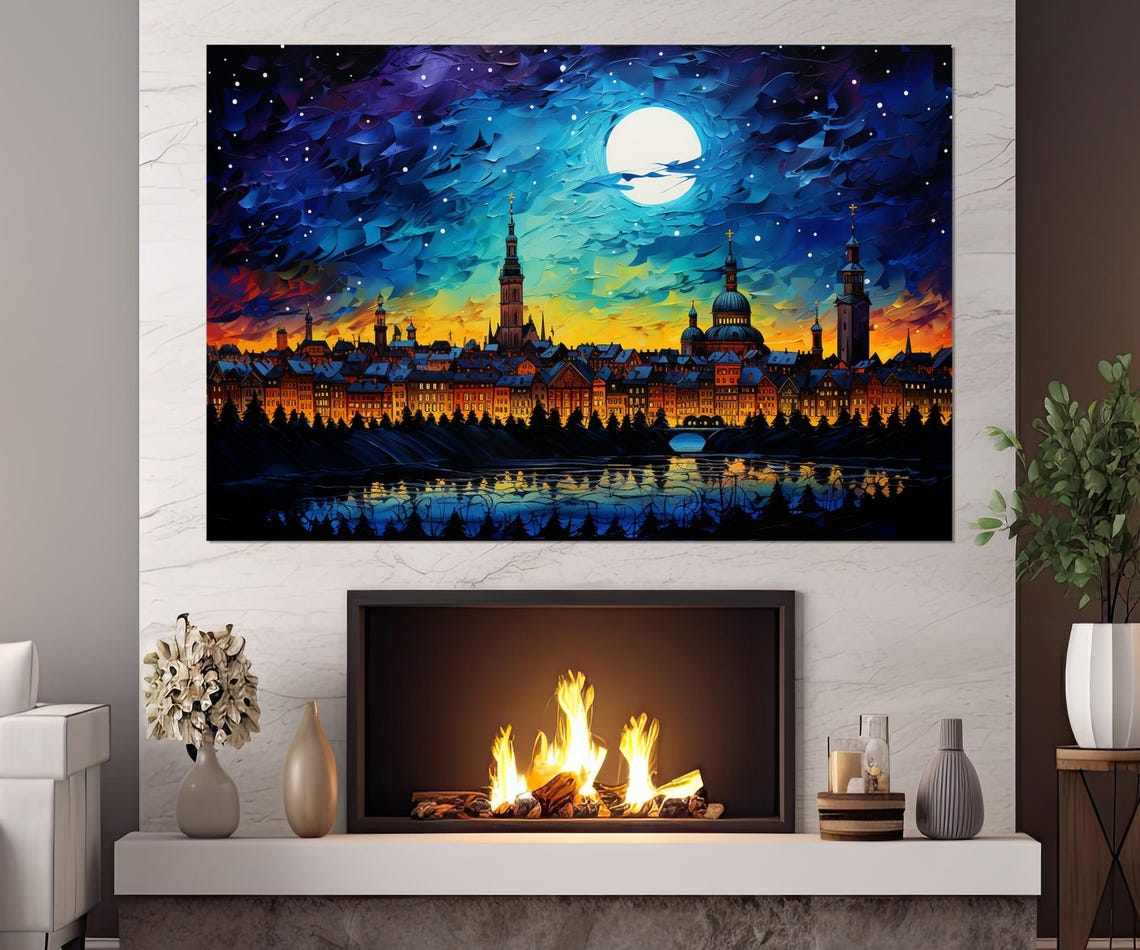 Munich Germany Old Town Churches Moonlit Starry Night River Poster