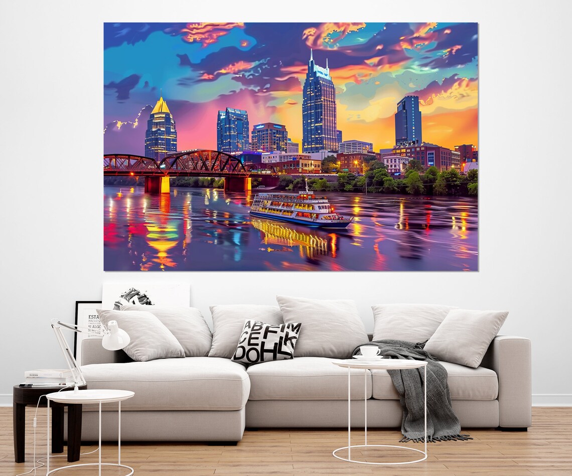Nashville Skyline Riverboat Sunset Cumberland River City Art Poster