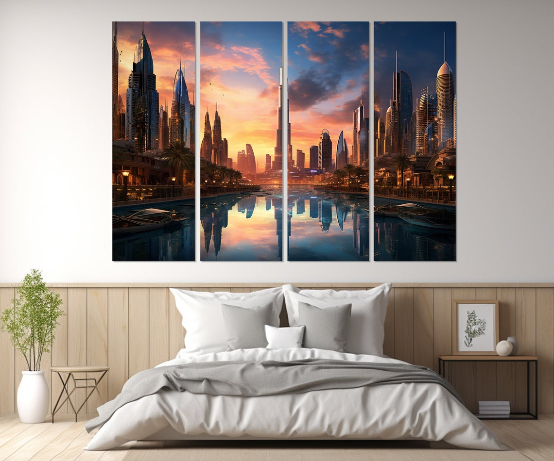 Dubai Skyline Sunset Burj Khalifa Water Reflection Cityscape Poster - Image 2