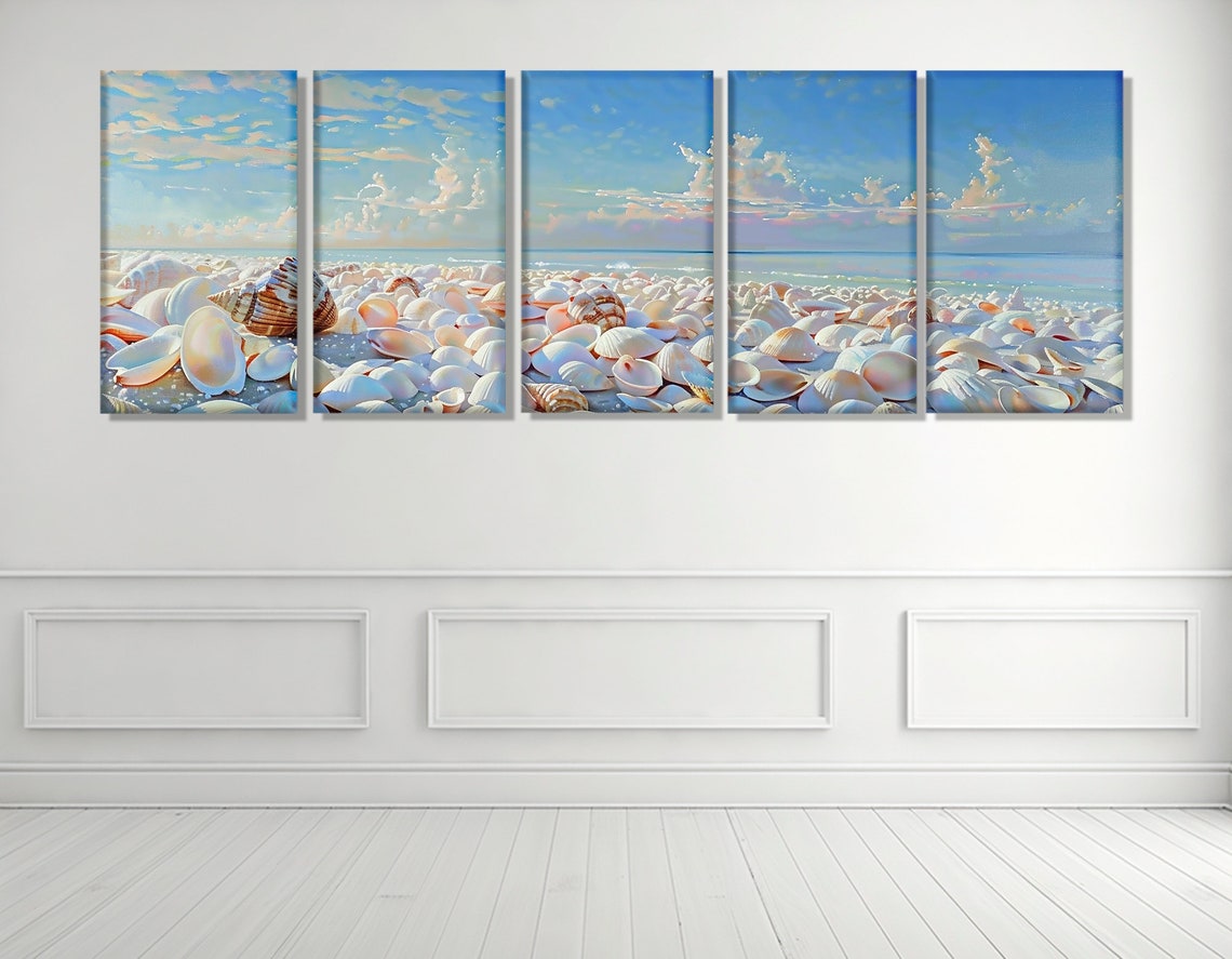 White Seashell Beach Shoreline Blue Sky Pastel Coastal Poster - Image 3