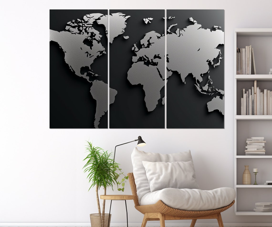 Monochrome World Map Black Silver 3D Relief Modern Office Decor Print - Image 4