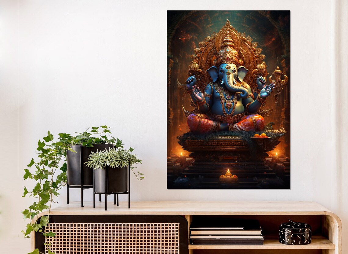Lord Ganesha Seated On Throne Golden Halo Hindu God Wall Poster - Image 3