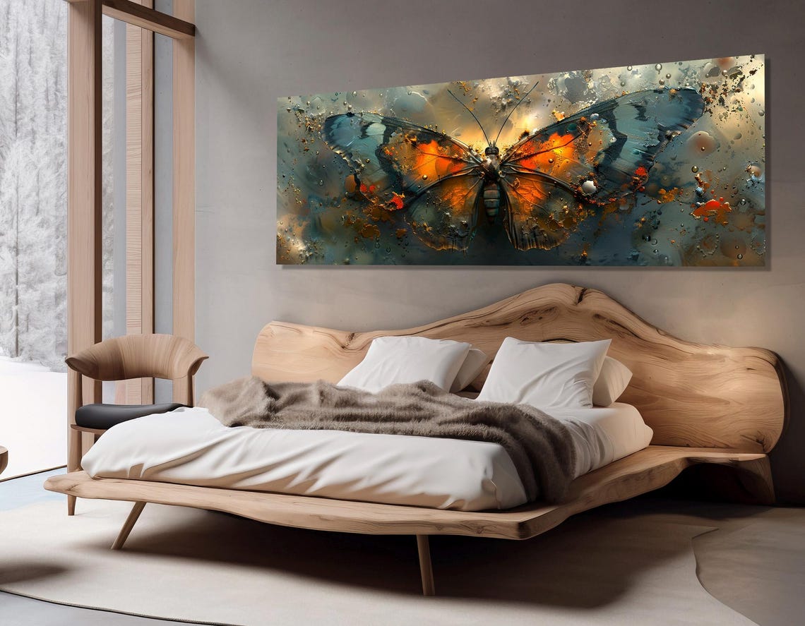 Abstract Butterfly Orange Teal Wings Textured Panoramic Wall Poster - Image 2
