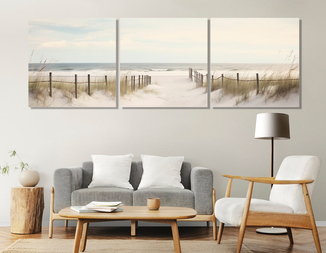 Serene Beach Dune Path Neutral Tones Coastal Painting Panoramic Poster - Image 3