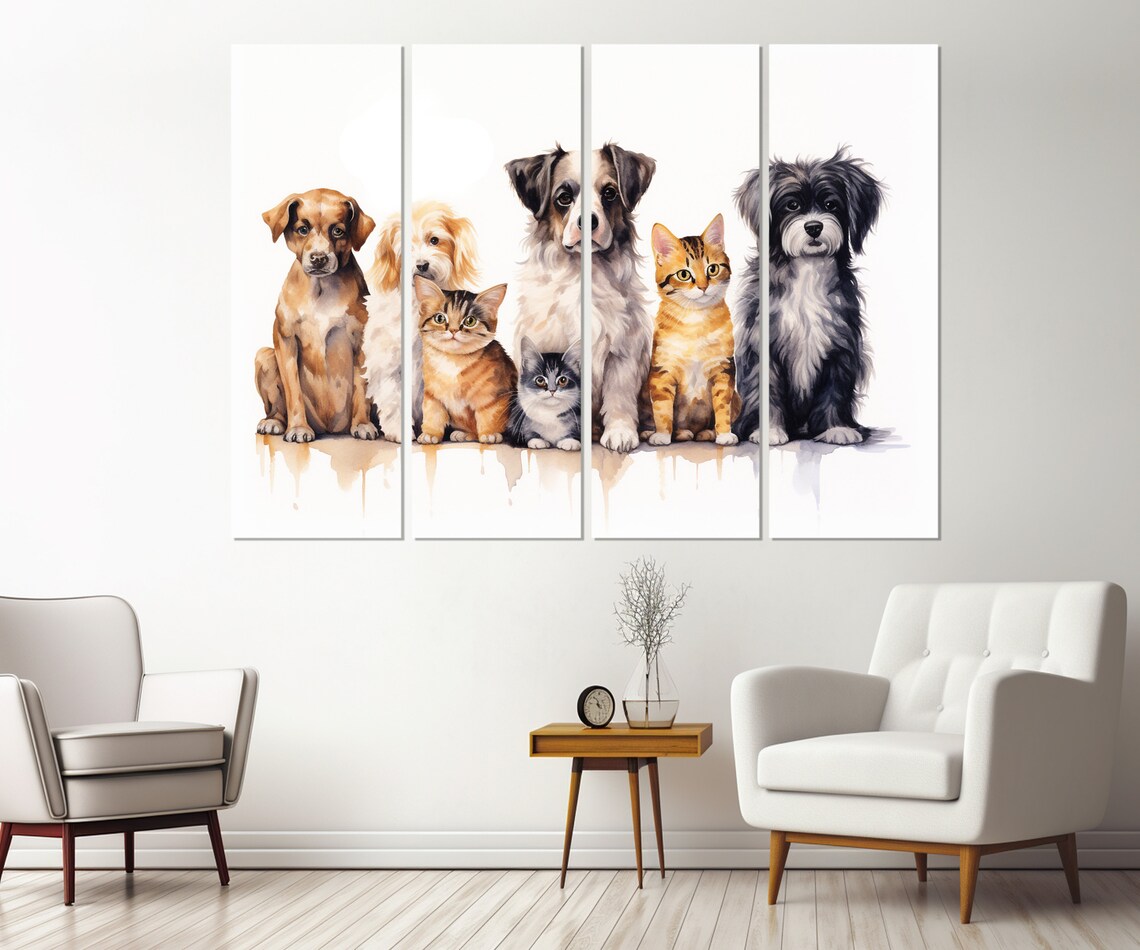 Dogs And Cats Watercolor Group Portrait Cute Pets Painting Vet Office Poster - Image 3