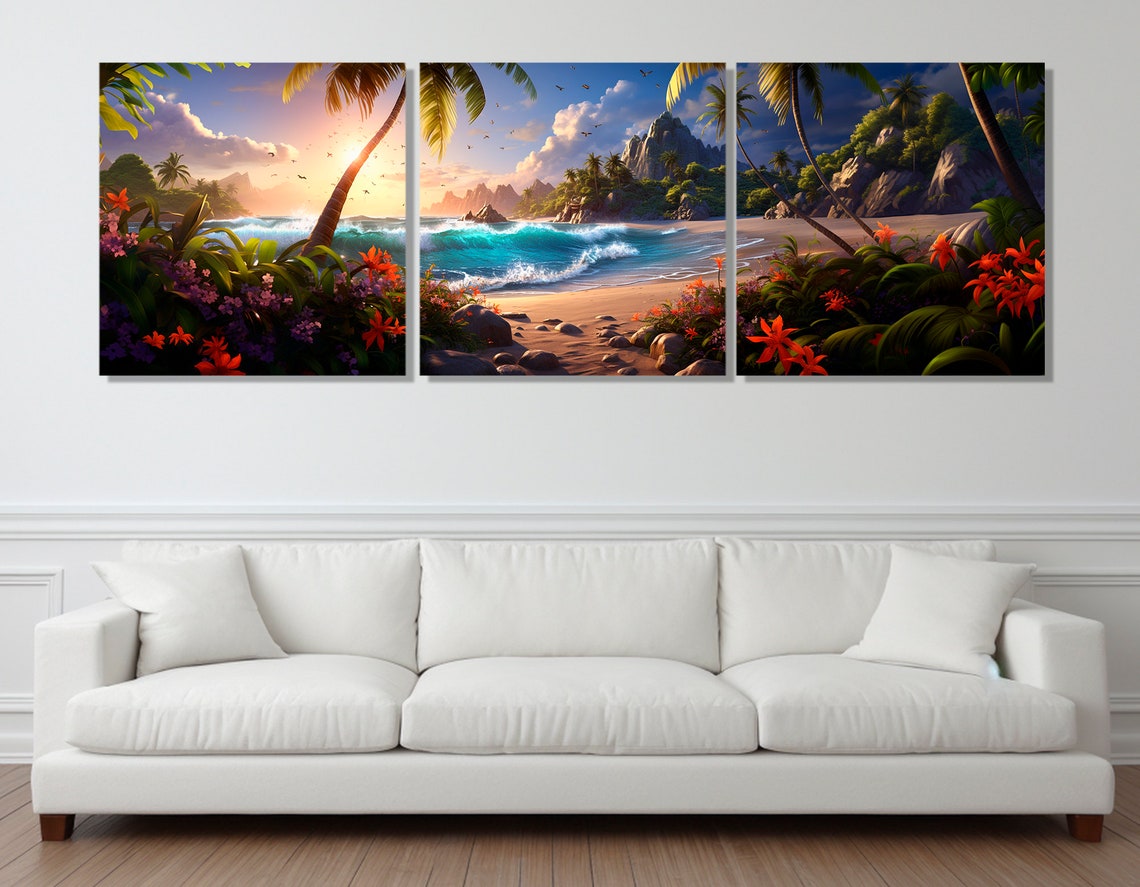 Tropical Beach Sunset Palm Trees Rocky Island Panoramic Poster - Image 4