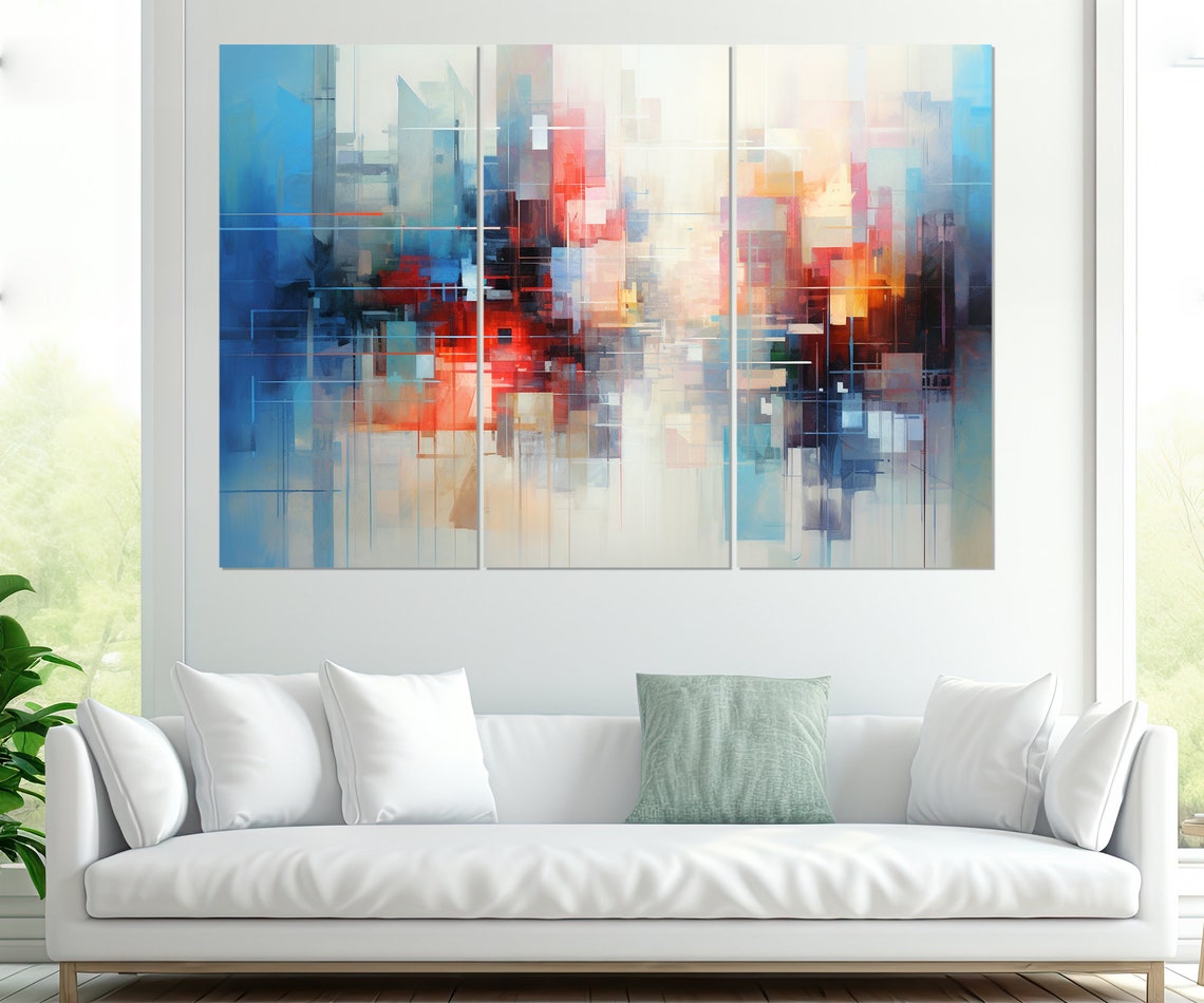 Abstract Geometric City Skyline In Blue Red And Orange Poster - Image 2