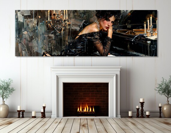 Elegant Woman In Black Dress At Grand Piano Candlelight Print