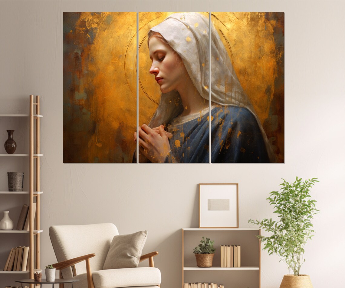 Blessed Virgin Mary Praying Golden Halo Religious Christian Wall Art Poster - Image 2