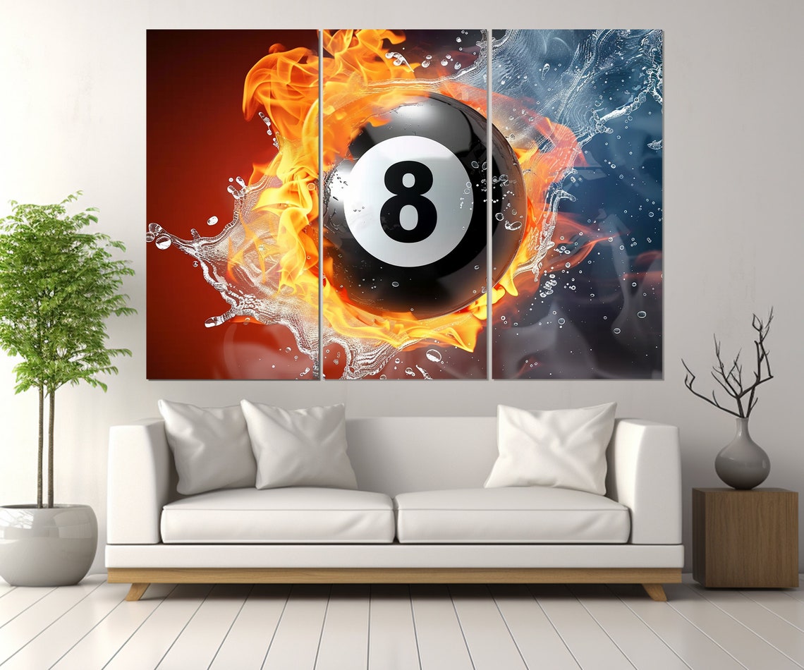 Flaming 8 Ball Billiards Fire Water Splash Split Canvas Wall Poster - Image 3