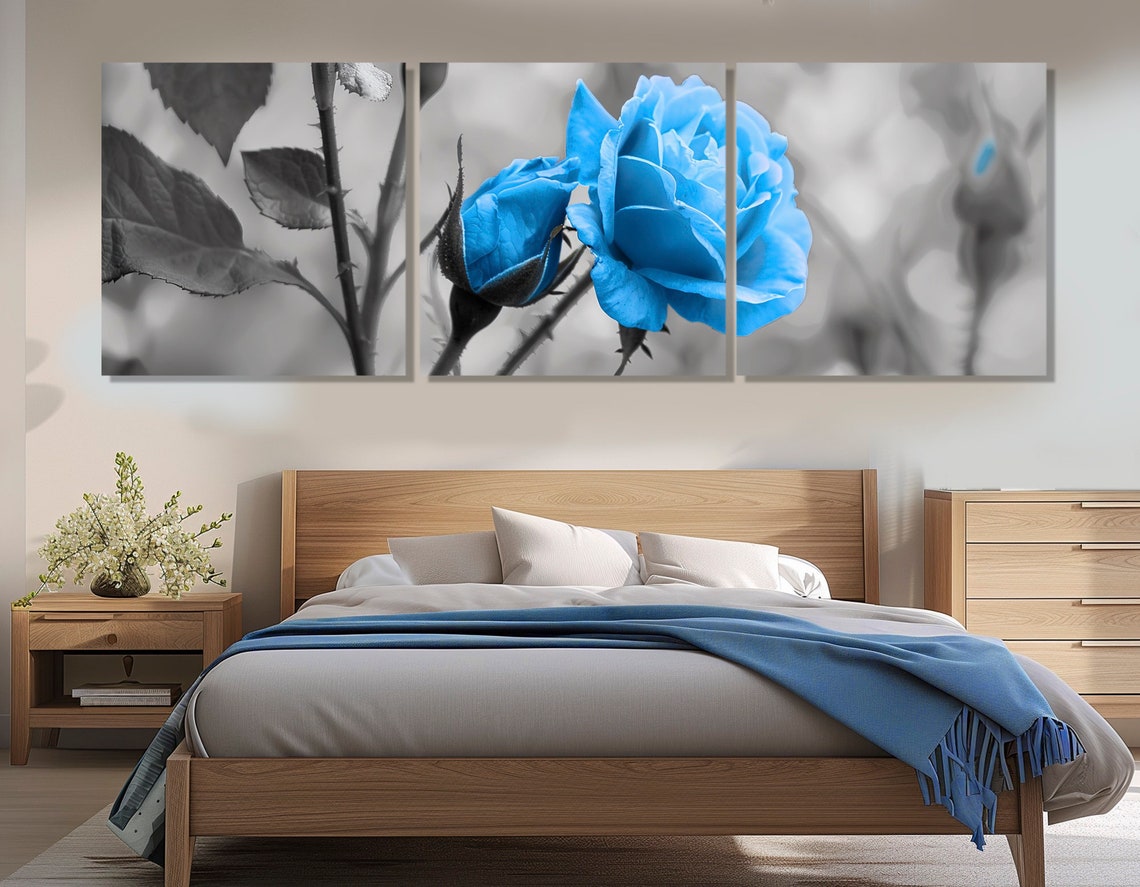 Vivid Blue Rose Bloom Black White Floral Triptych Canvas Poster