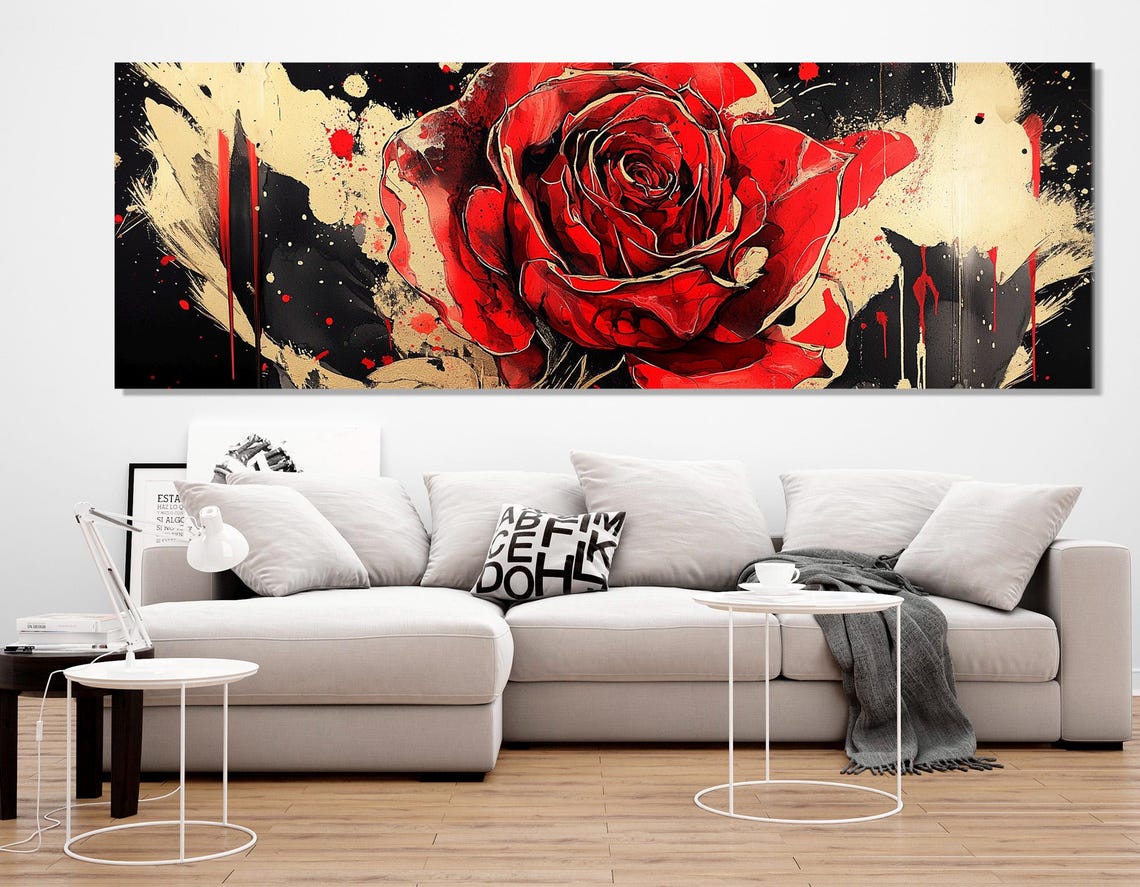 Dramatic Red Rose Black Gold Paint Splash Bold Floral Art Poster