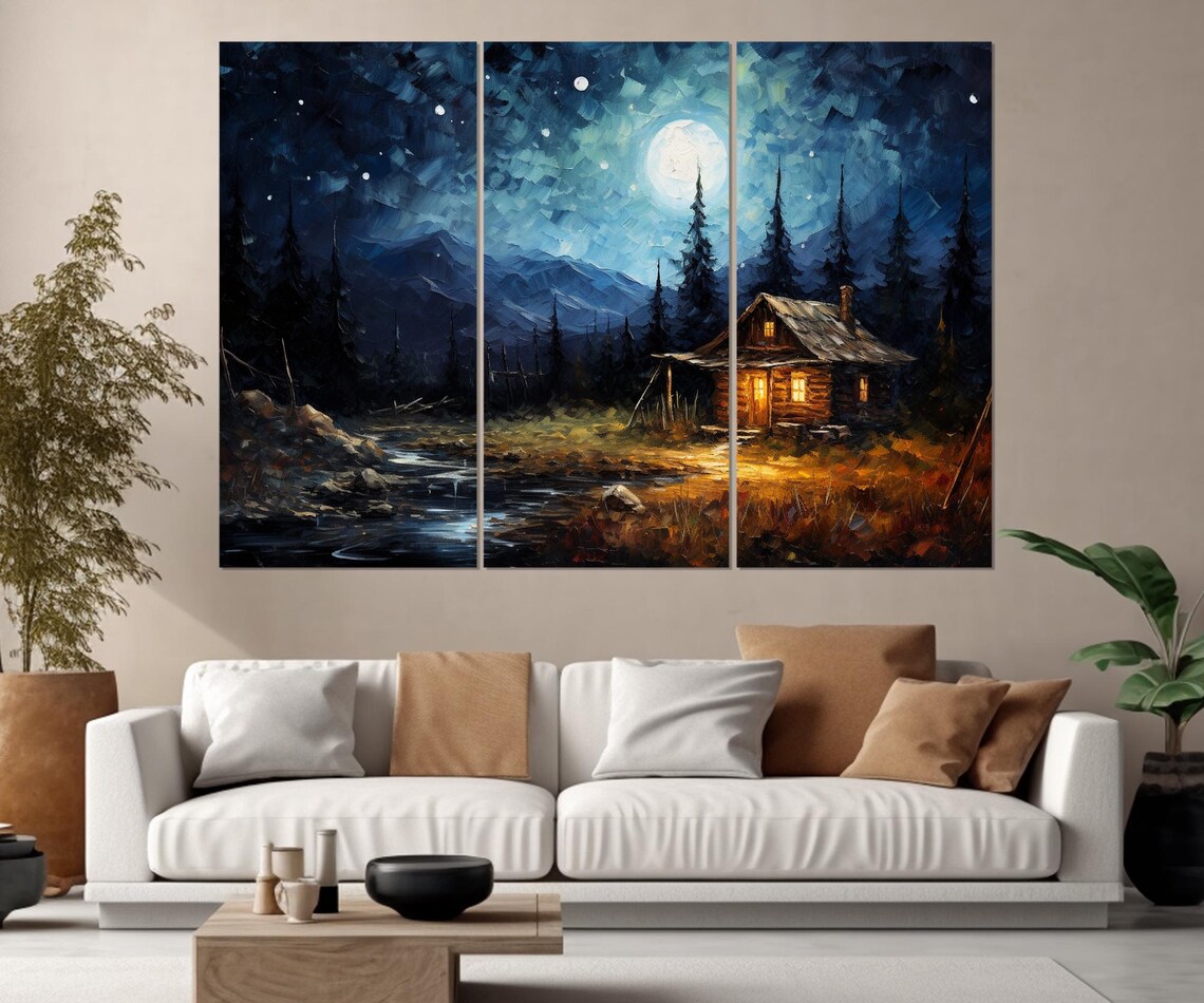 Moonlit Log Cabin Starry Night Sky Mountain Lake Rustic Wall Art Poster - Image 4