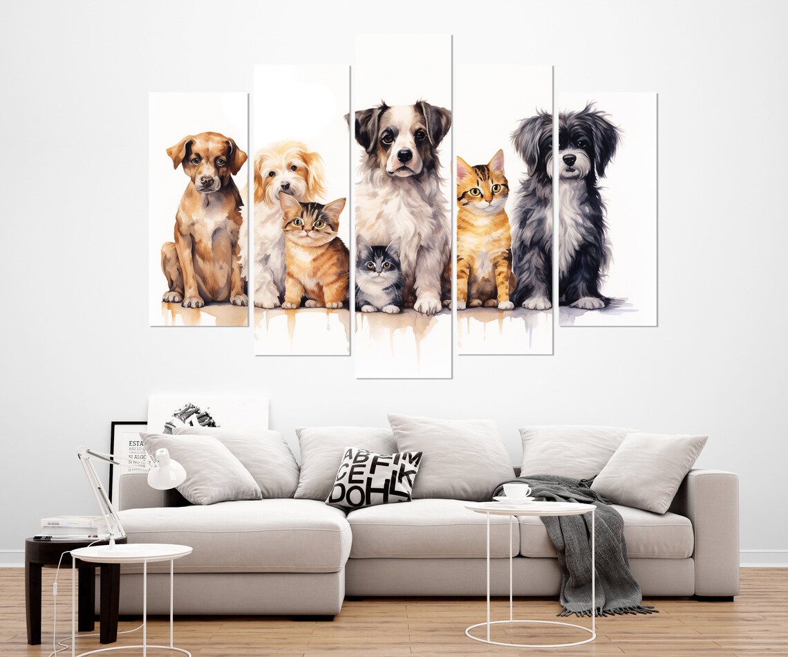 Dogs And Cats Watercolor Group Portrait Cute Pets Painting Vet Office Poster - Image 2