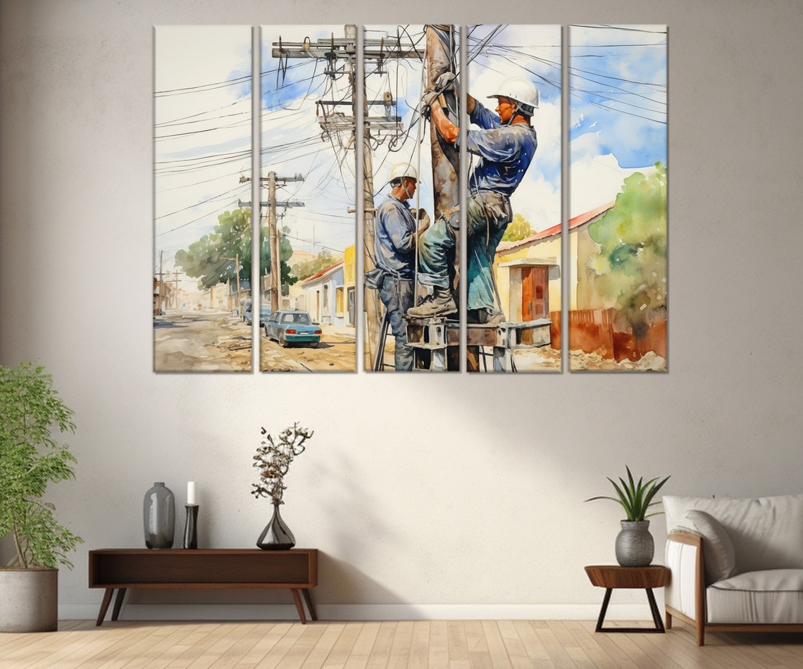 Electricians Working On Power Pole Watercolor Street Art Poster - Image 2
