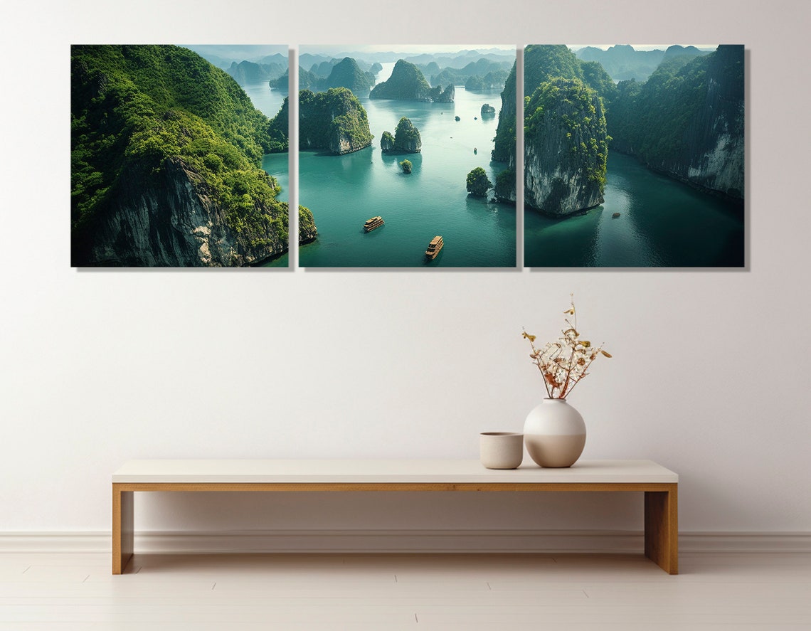 Ha Long Bay Vietnam Aerial Limestone Karsts Boats Emerald Water Poster - Image 2