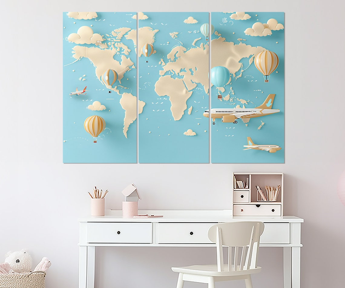 Kids 3D World Map Airplanes Hot Air Balloons Blue Nursery Wall Poster - Image 4