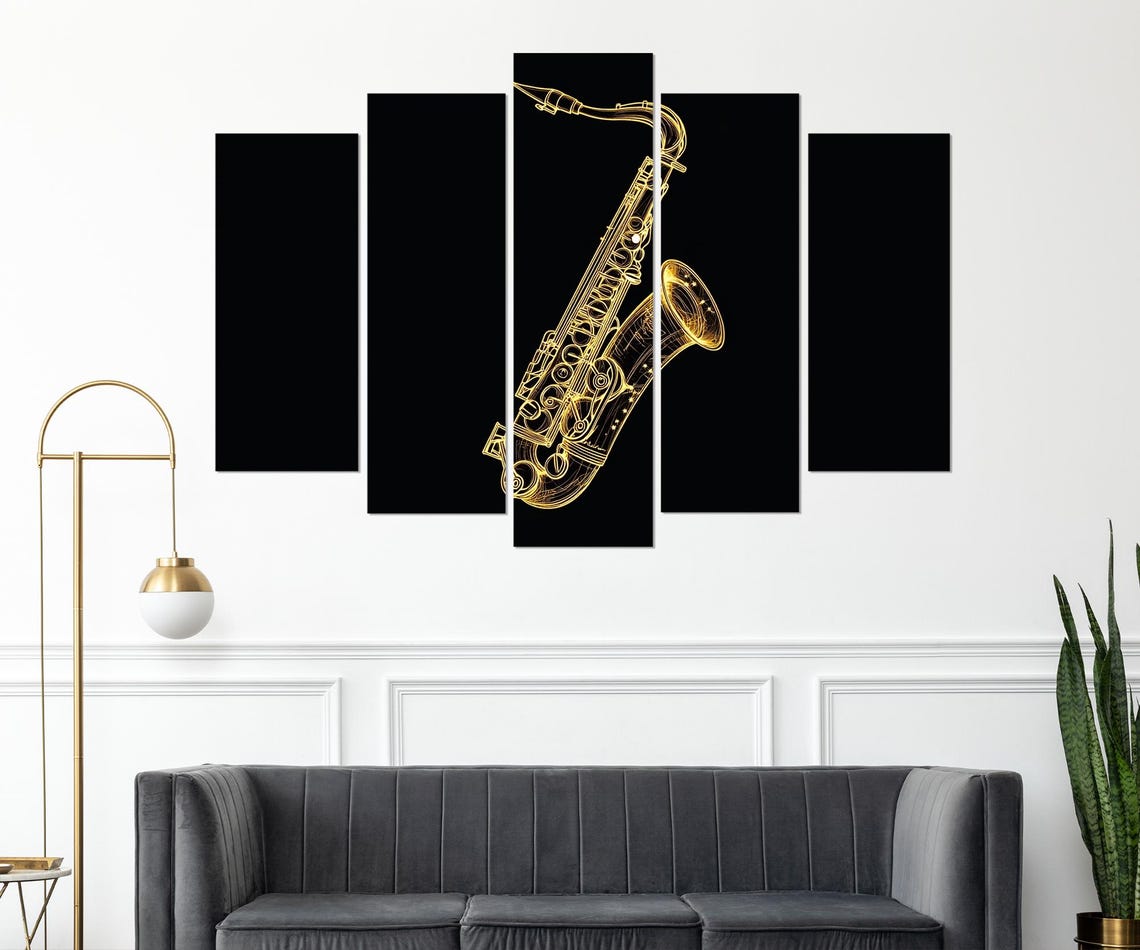 Golden Saxophone Line Art Black Background Jazz Music Wall Poster - Image 3