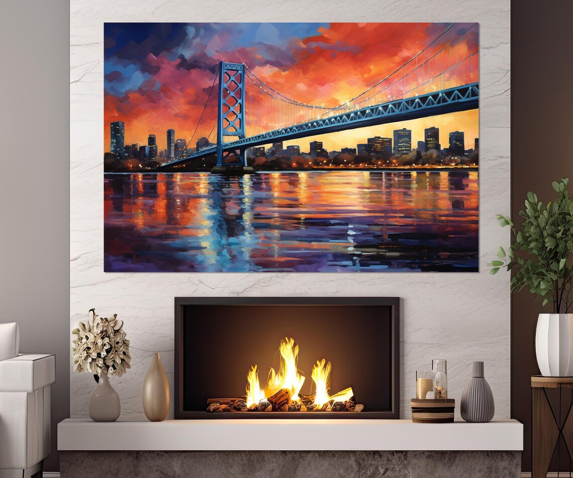 New Jersey Skyline Suspension Bridge Sunset River Abstract Art Poster