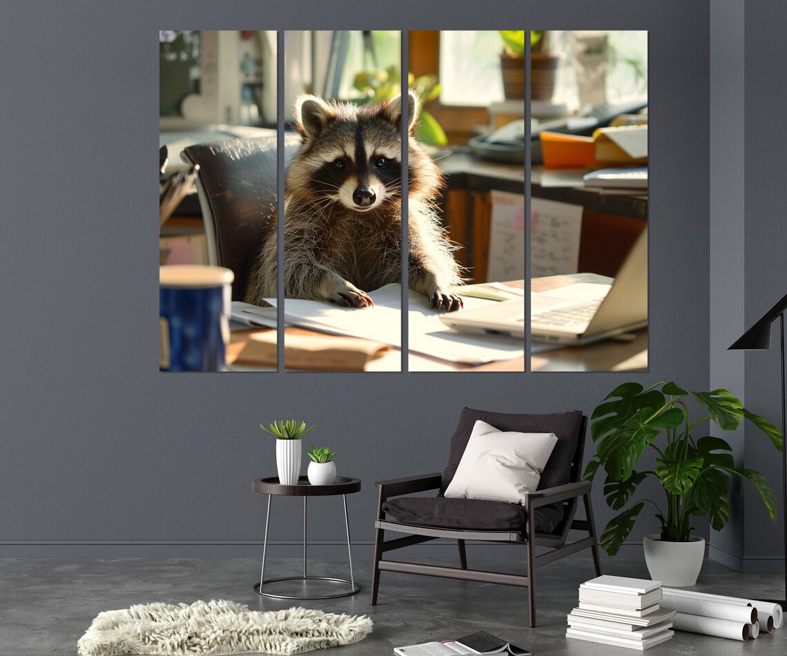 Funny Raccoon Office Worker at Desk with Laptop Funny Animal Wall Art Poster - Image 2
