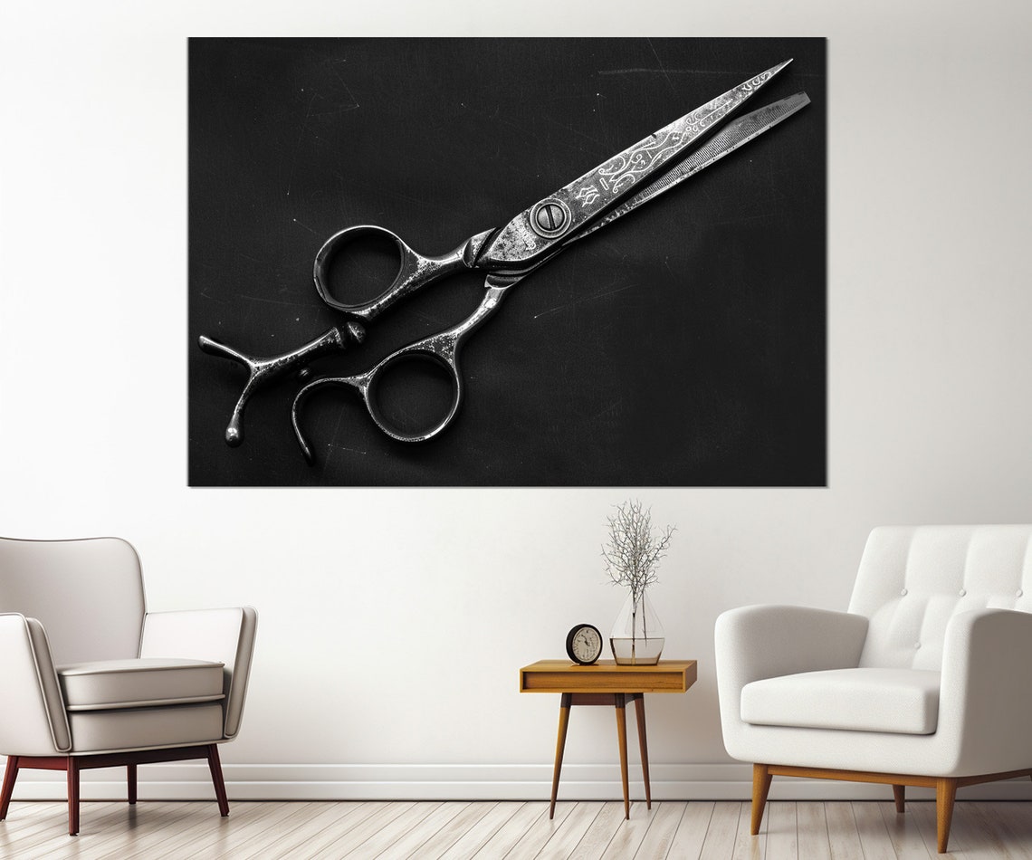 Vintage Engraved Barber Shears Black Background Hair Salon Poster