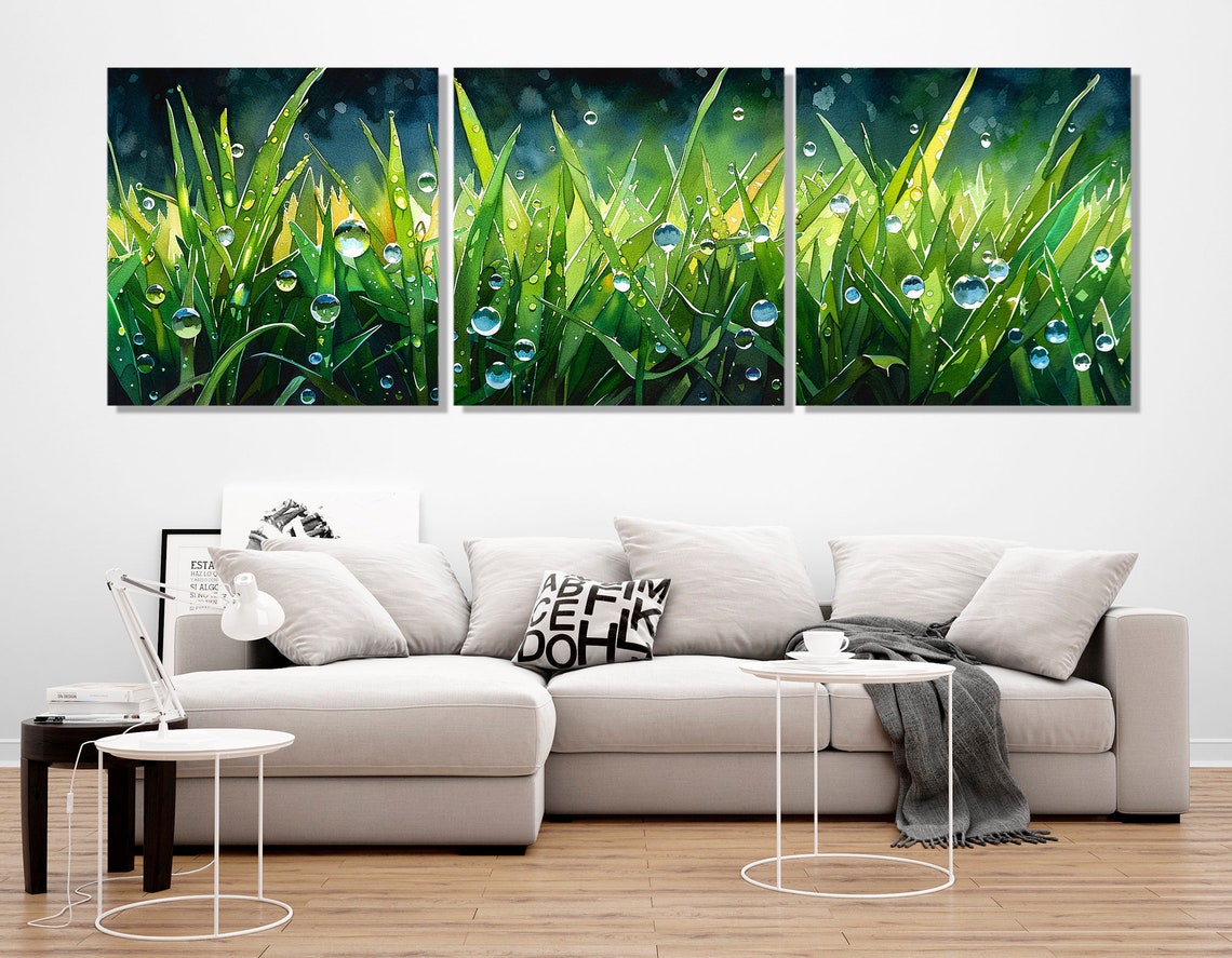 Morning Dew Drops On Green Grass Blades Nature Macro Art Poster - Image 4
