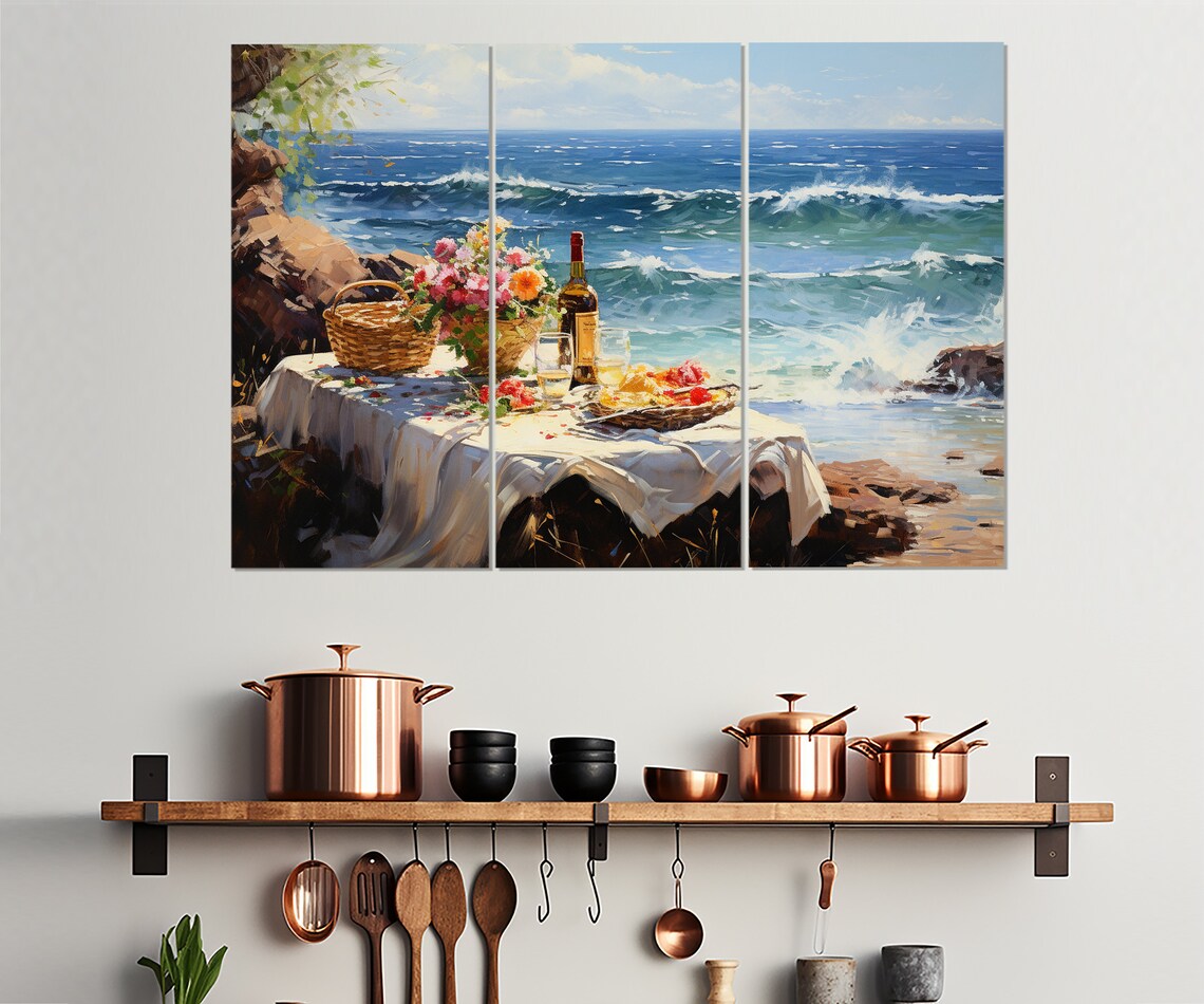 Impressionist Seaside Picnic Wine Flowers Ocean Waves Painting Poster - Image 3