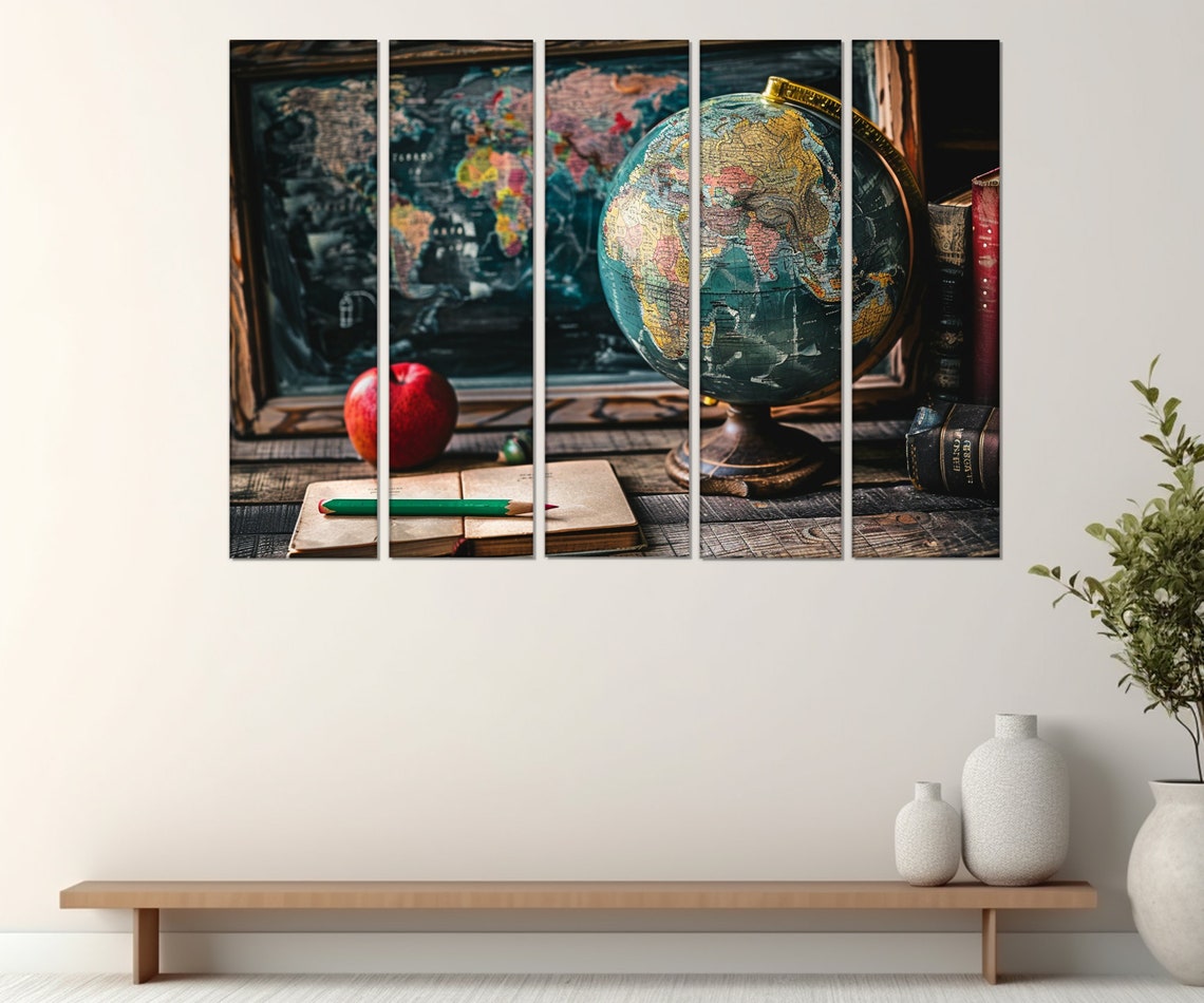 Vintage World Map Antique Globe Red Apple Notebook Travel Desk Poster - Image 2