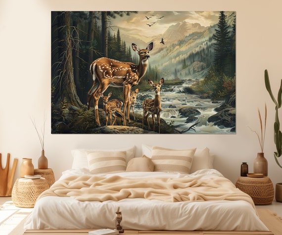 Mother Deer With Fawns In Pine Forest Painting Print Deer Painting Forest Animals Wall Art Framed And Ready To Hang