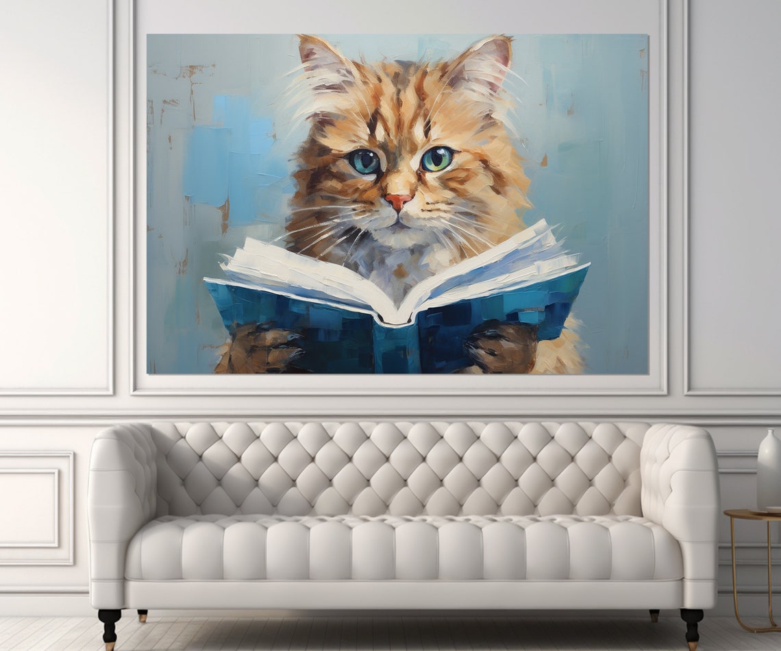 Fluffy Orange Cat Reading An Open Book Cute Painterly Poster