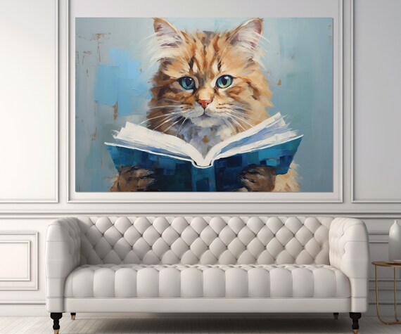 Fluffy Orange Cat Reading An Open Book Cute Painterly Poster