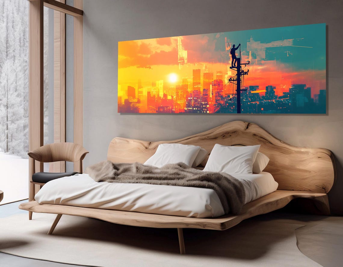 Electrician Silhouette Power Pole Sunset City Skyline Worker Poster - Image 3
