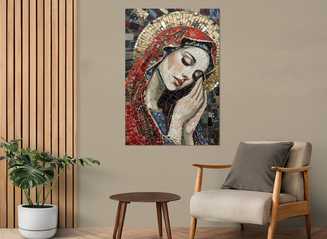 Virgin Mary Mosaic Portrait Praying Hands Halo Religious Decor Poster - Image 2
