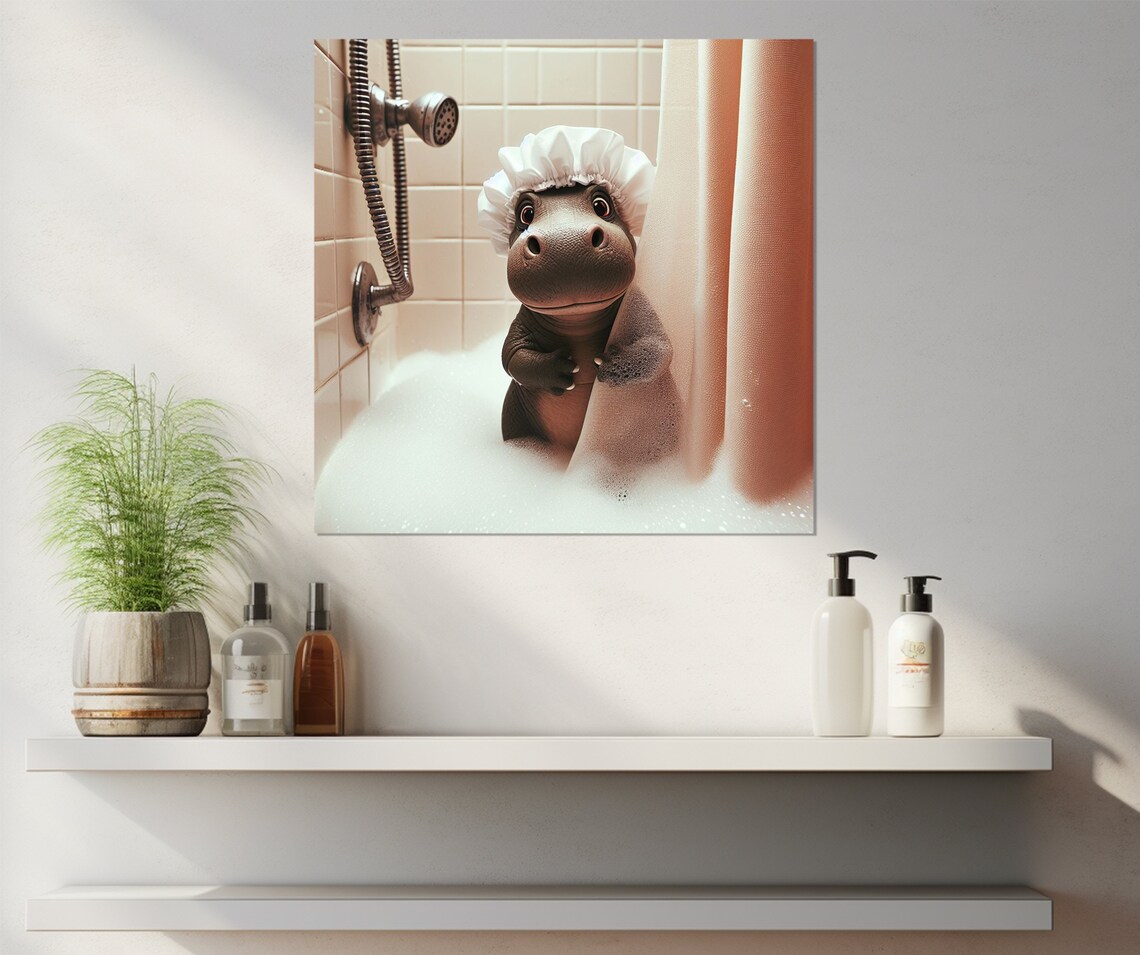Cute Baby Hippo Bubble Bath Shower Cap Funny Bathroom Animal Poster - Image 2