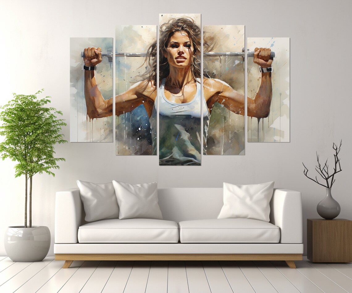 Strong Woman Lifting Barbell Watercolor Fitness Motivation Gym Wall Art - Image 3