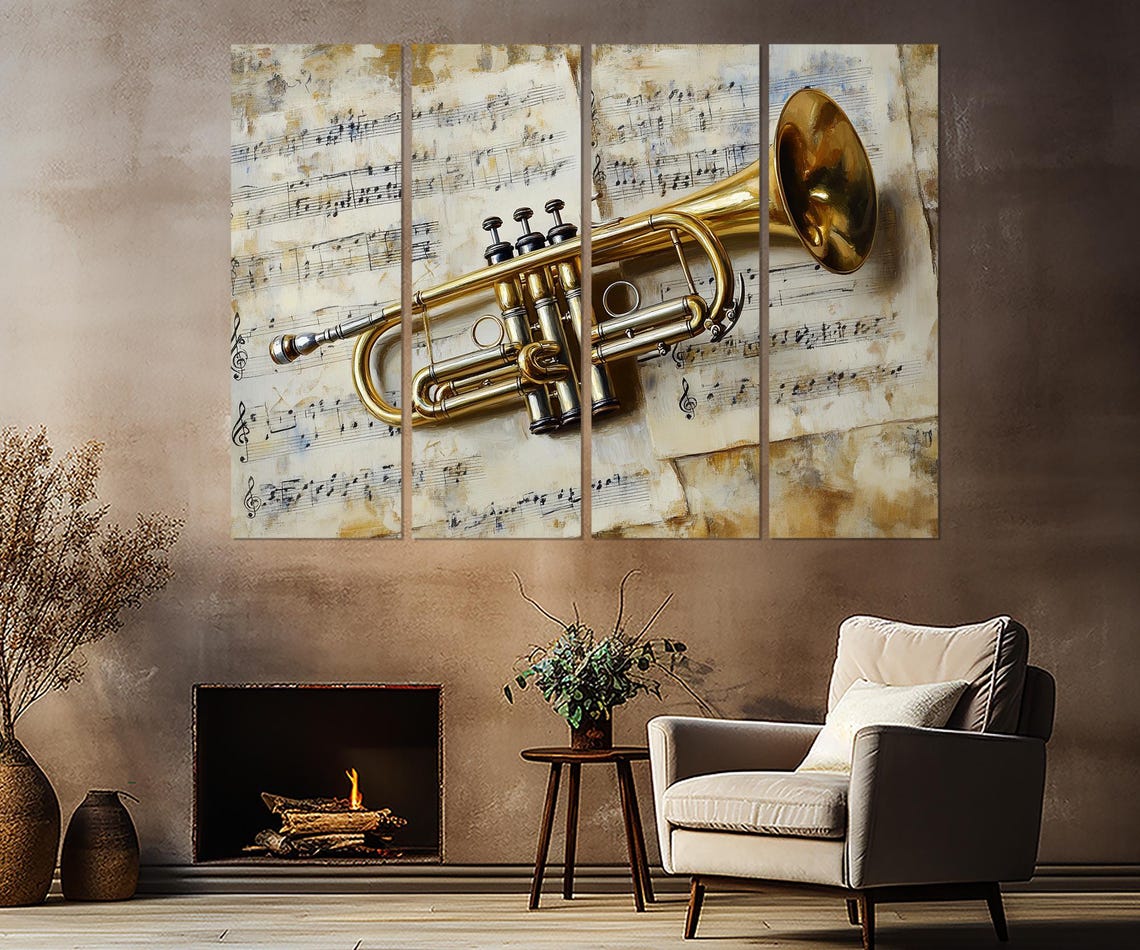 Brass Trumpet On Vintage Sheet Music Triptych Jazz Wall Poster - Image 3