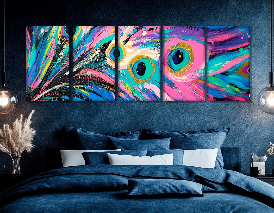 Electric Pop Art Peacock Feather Five Panel Neon Colors Wall Poster