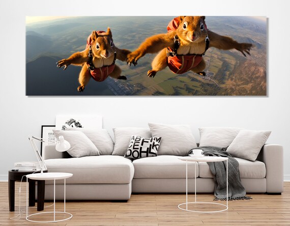 Wingsuit Skydiving Squirrels Flying Over Green Fields Funny Animal Poster