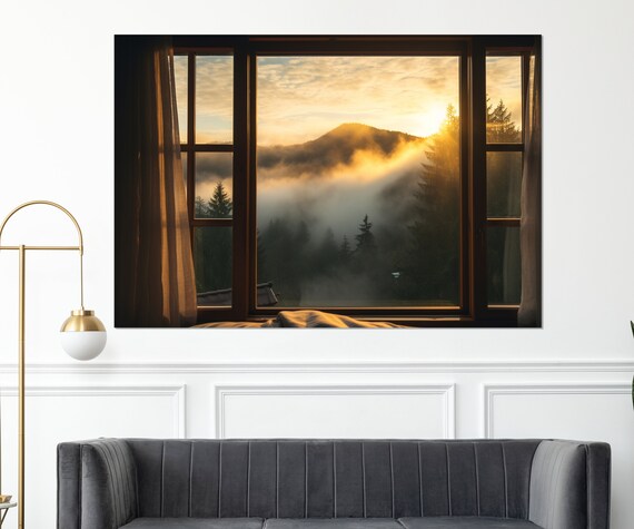 Open Window With Mountains And Forest View Painting Print Fog Over Mountains Art Framed And Ready To Hang