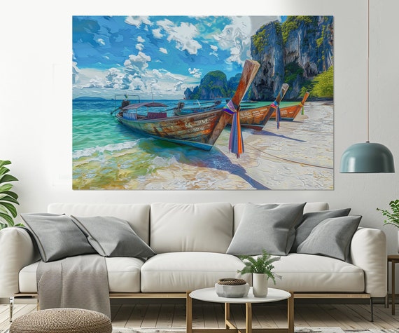 Boats On Tropical Beach Painting Print Tropical Island Poster Thailand Art Tropical Wall Art Framed And Ready To Hang