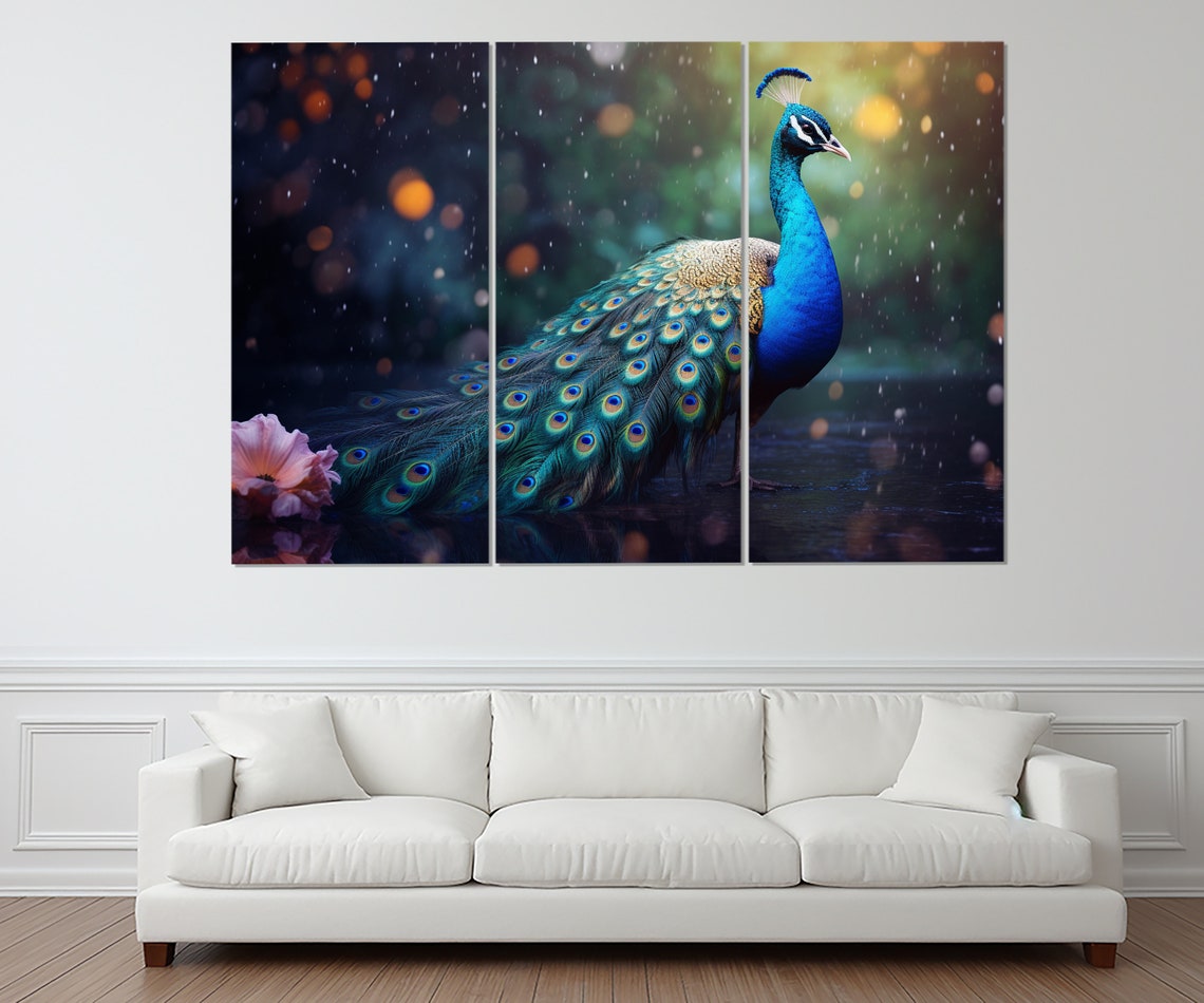 Peacock Iridescent Feather Tail Rain Bokeh Elegant Bird Wall Art - Image 2