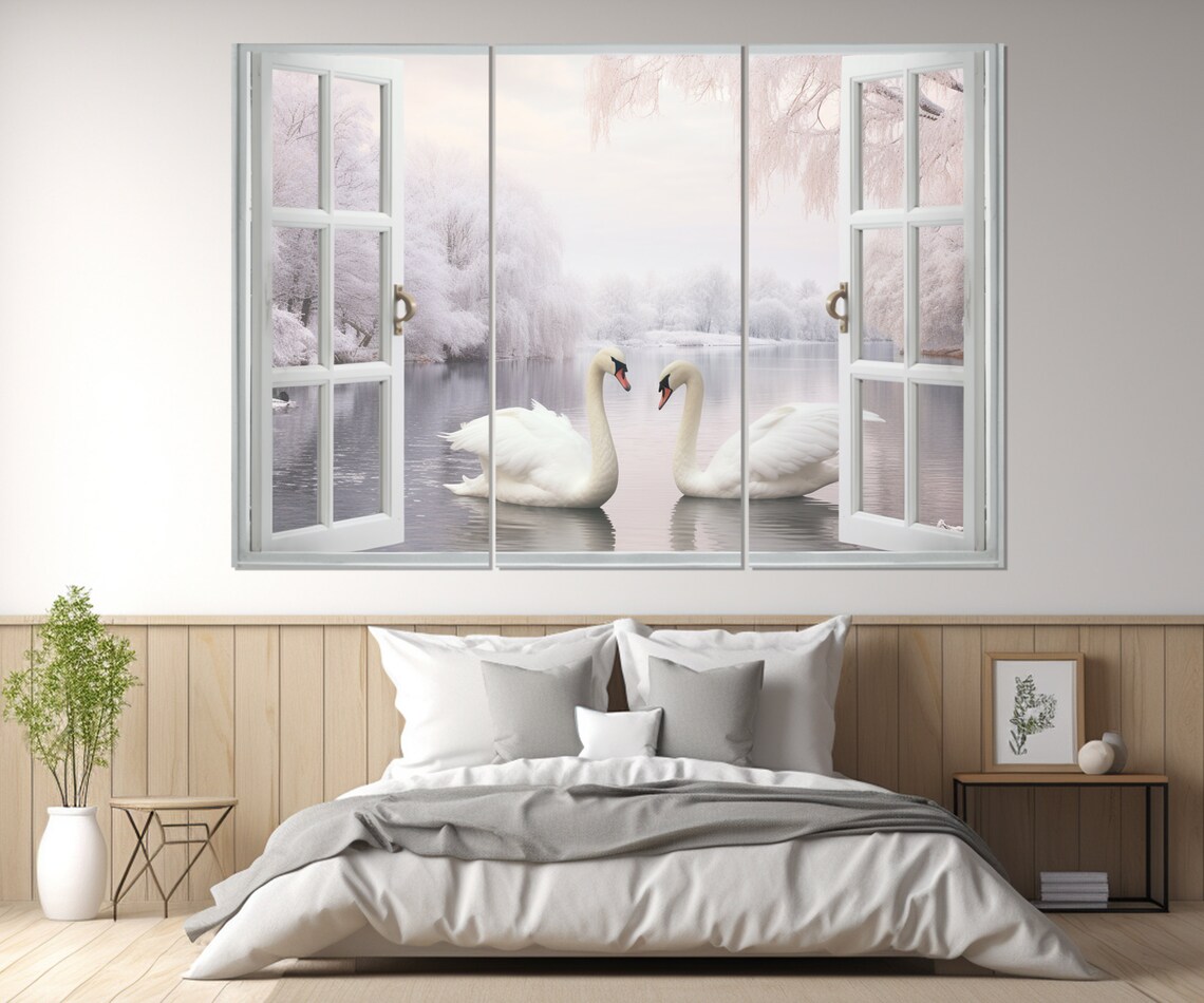Open Window With Swans, Winter Lake View Art Print - Image 2