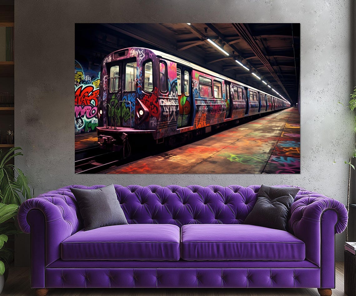 Graffiti Covered Subway Train In Dark Station Urban Street Art Poster