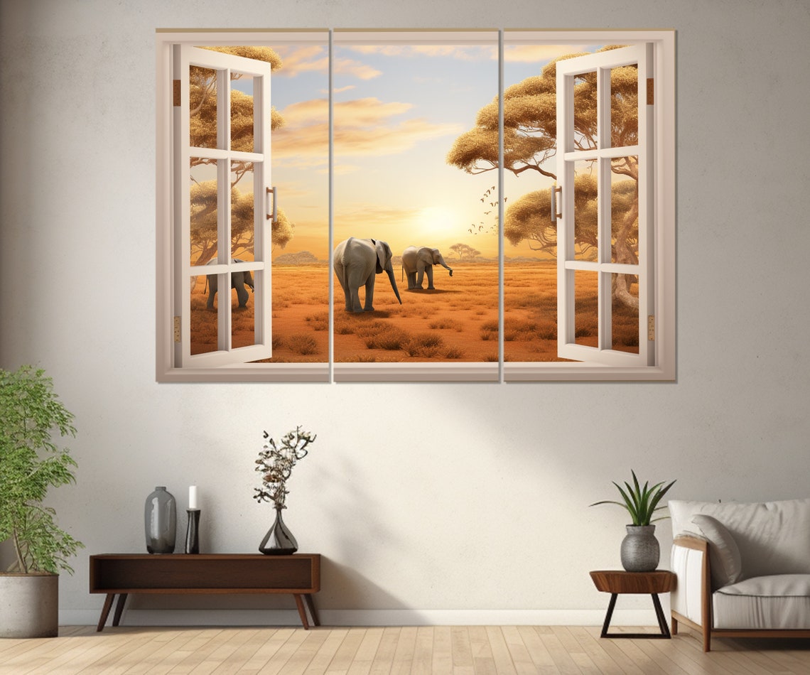 African Savannah Sunset Elephants Open Window Acacia Trees Wall Poster - Image 2