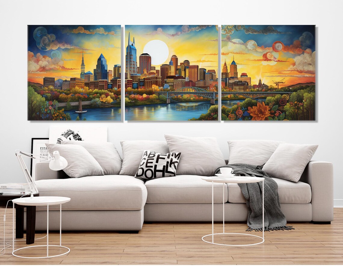 Nashville Skyline Sunset Golden River Painting Panoramic Travel Poster - Image 4