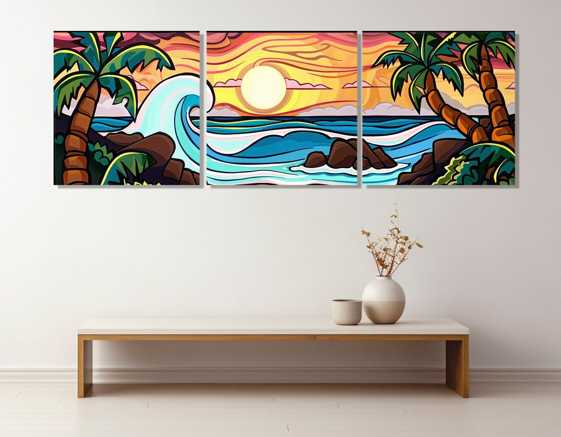 Tropical Beach Sunset Palm Trees Big Wave Colorful Pop Poster - Image 4