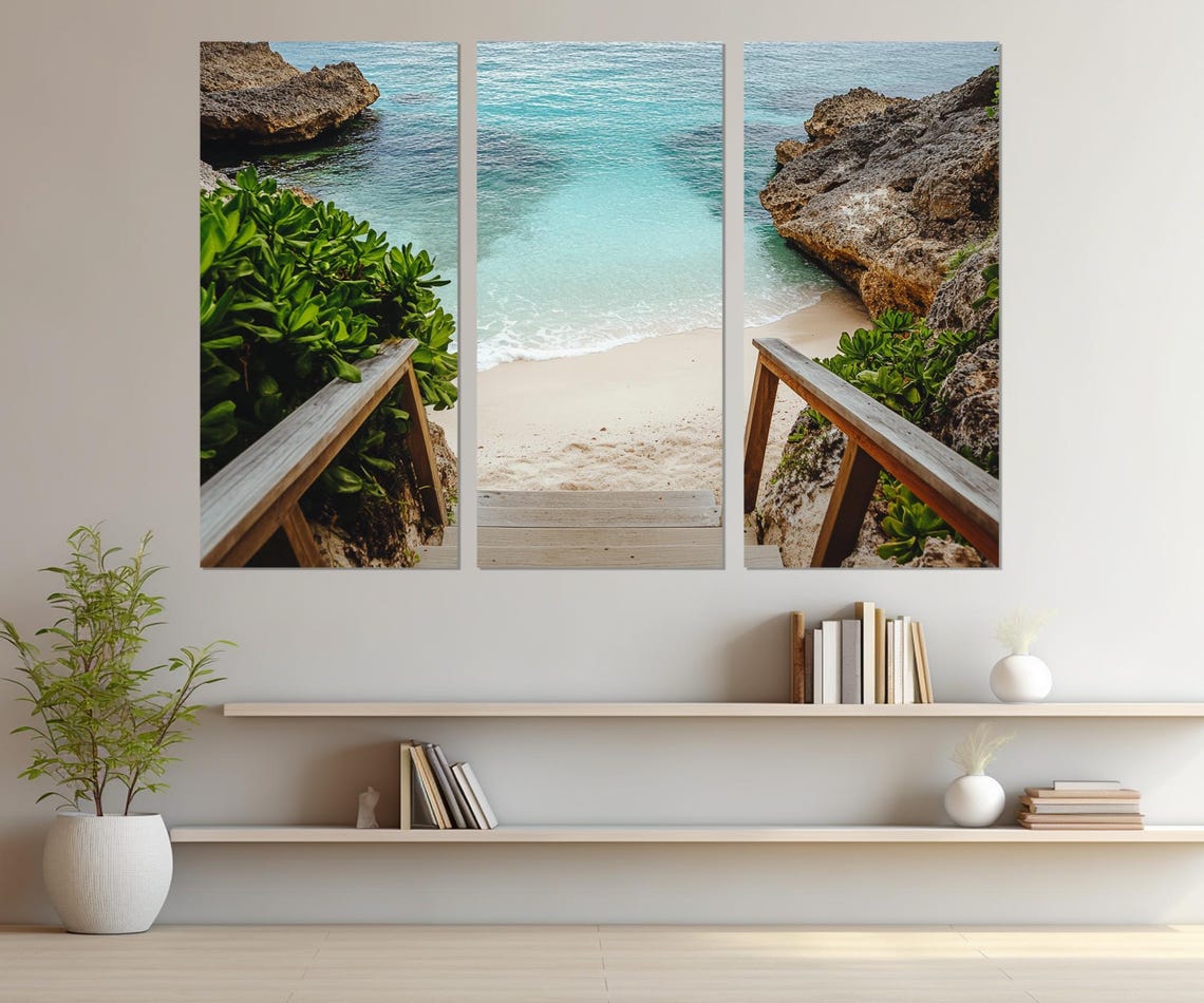 Hidden Tropical Beach Cove Stairway Rocky Shore Turquoise Sea Poster - Image 4