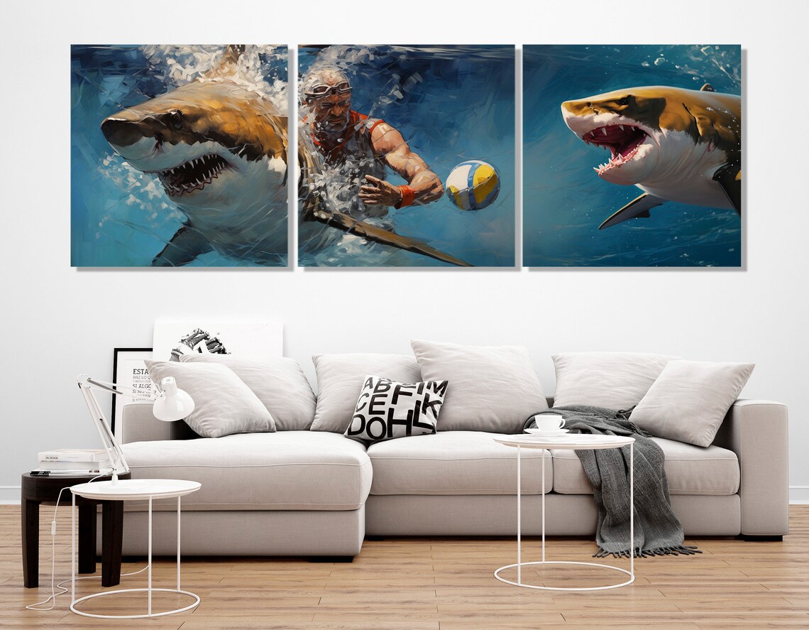 Water Polo Player Between Two Great White Sharks Abstract Poster - Image 4
