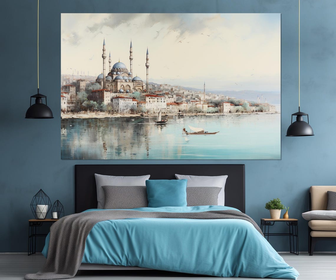 Istanbul Turkey Waterfront Mosque Minarets Soft Pastel Travel Poster