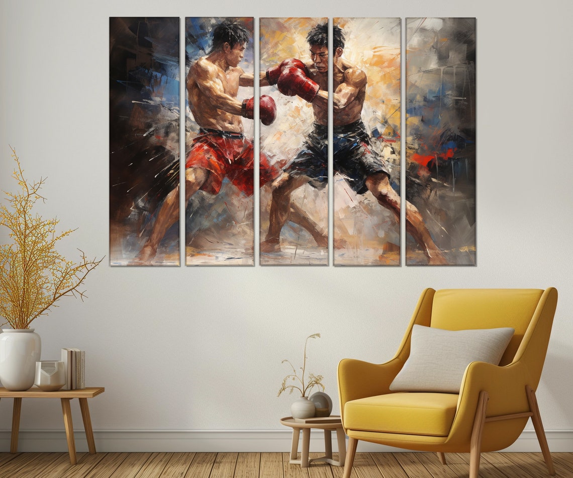 Muay Thai Fighters Sparring Red Gloves Dramatic Oil Painting Poster - Image 2